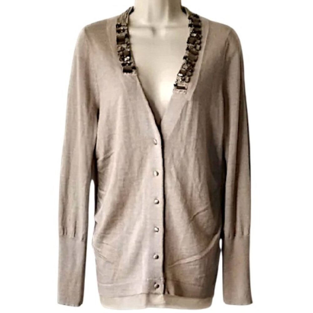 NWOT *Flaw* Ann Taylor Beaded Merino Blend Cardigan L Beige